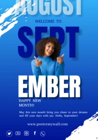 Blue Grunge Hello September Flyer A3 template