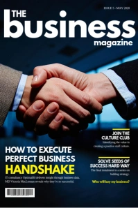 Blue handshake business magazine cover