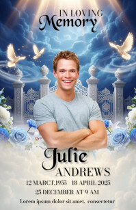 Blue heavenly background funeral card Halve pagina breed template