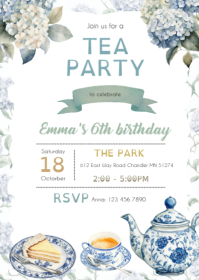 Blue Hydrangeas tea party Invitation A6 template