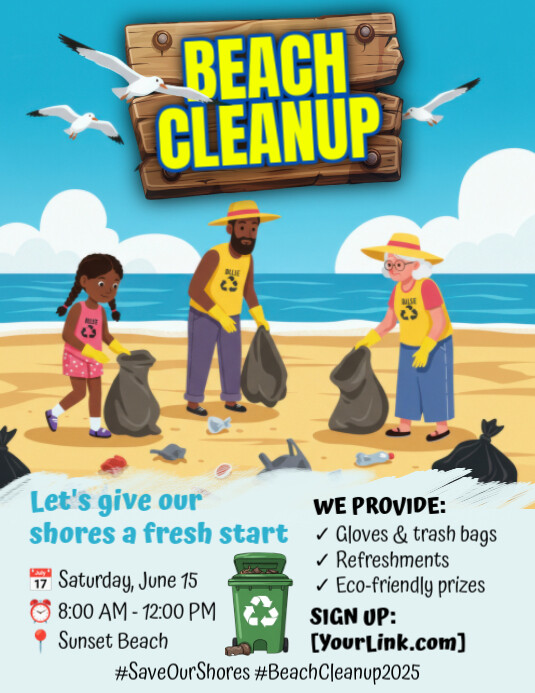 Blue Illustrative Beach Cleanup Flyer (us Letter) Pamflet (VSA Brief) template