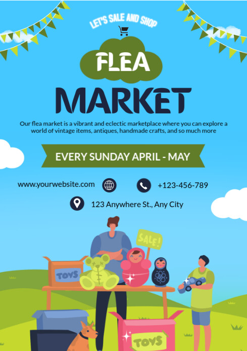 Blue Illustrative Flea Market Advertising  A4 Template