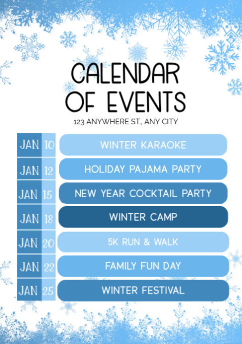 January Event Days Blue Illustrative January Calendar Of Events A2 Template | PosterMyWall