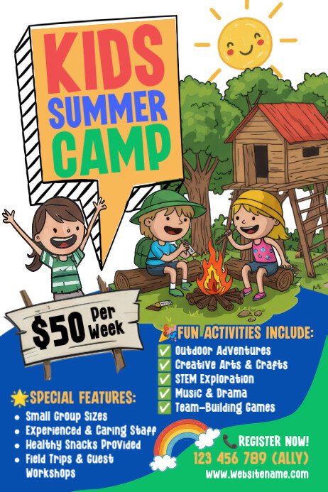Blue Illustrative Kids Summer Camp Poster Template | PosterMyWall