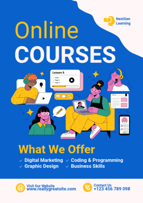 Blue illustrative online courses a2 Template | PosterMyWall