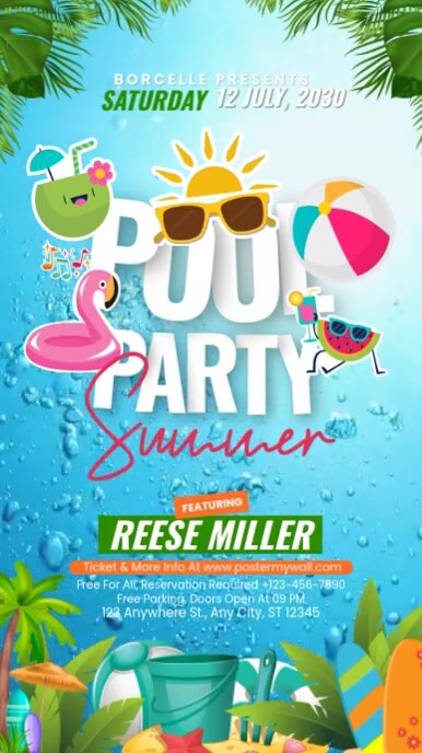 Blue Illustrative Pool Party Tropical Summer Instagram Reel template