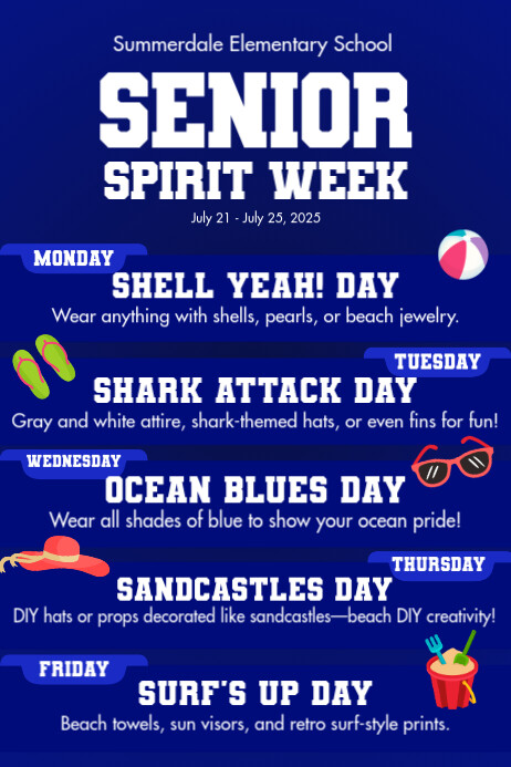 Graduation Spirit Week Blue Illustrative Senior Spirit Week Poster Template | PosterMyWall