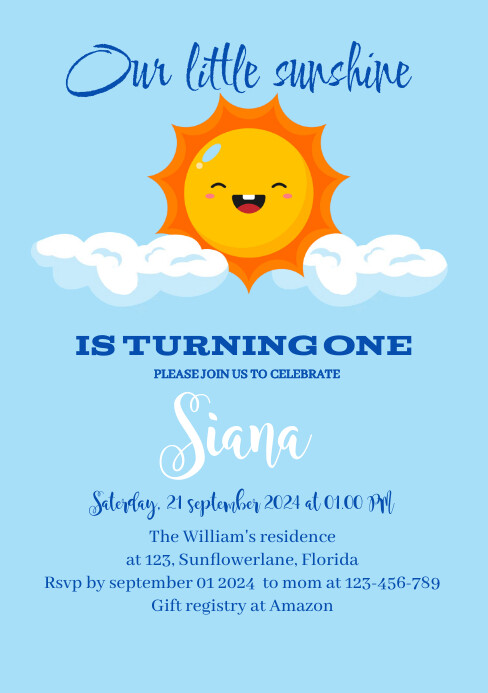 Bday Inv Blue Illustrative Sunshine First Birthday Inv Template | PosterMyWall