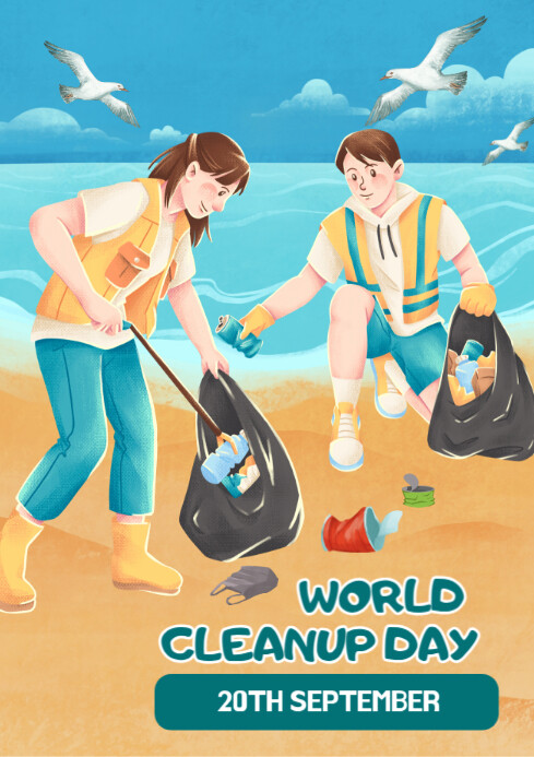 Blue Ilustratif World Cleanup Day A4 Template | PosterMyWall