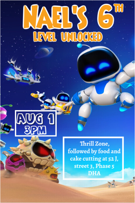 Blue Joyful Astro Bot Birthday Invite, A Poster Plakkaat template