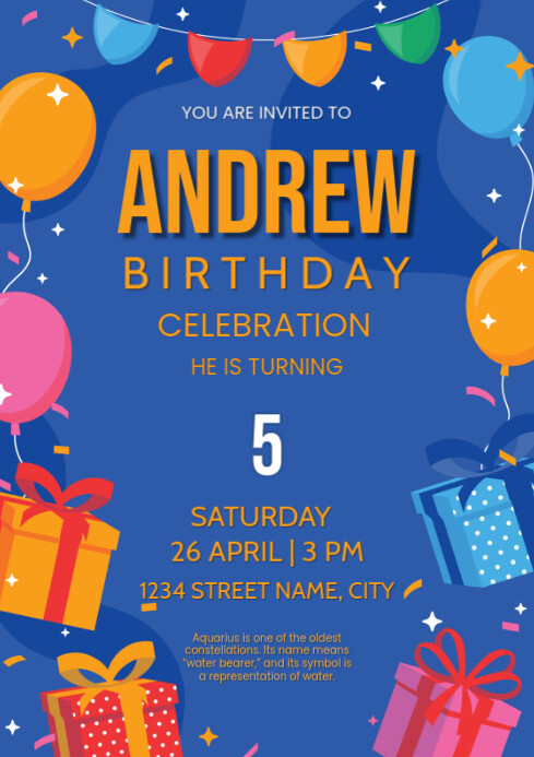 Blue Joyful Birthday Party Invitation A4 template