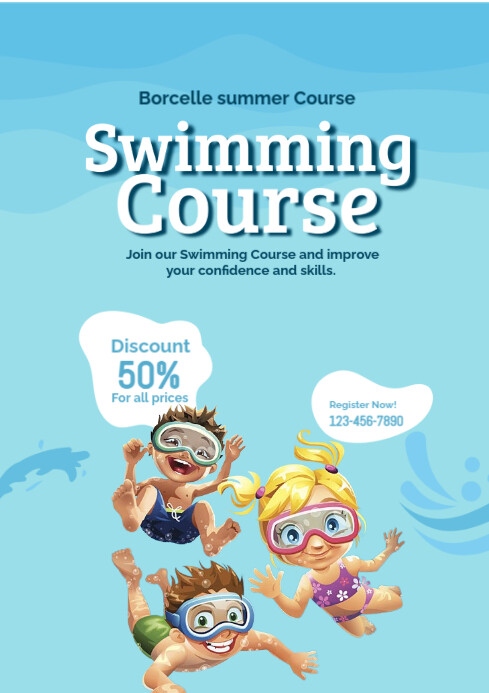Blue Joyful Blue And White Illustrative Swimming Course Poster A2 template