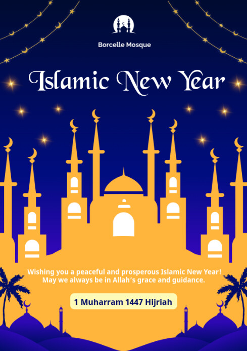 Blue Joyful Blue And White Modern Islamic New Year Poster A2 template