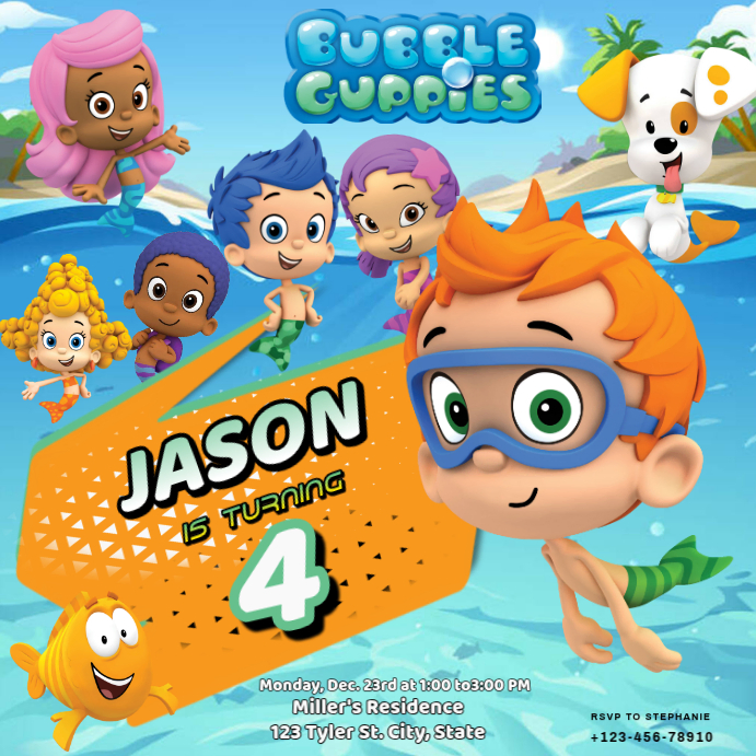 Blue Joyful Bubble Guppies Birthday Invitations Instagram Post Template ...