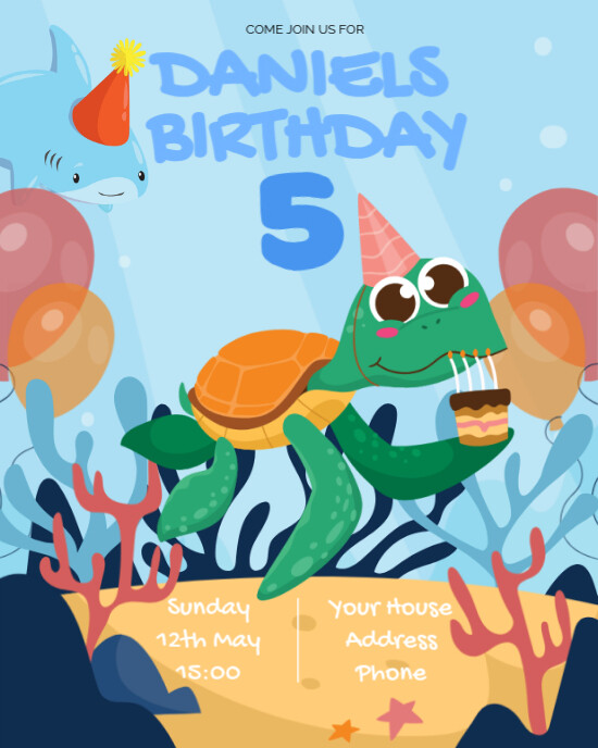 Blue Joyful Cartoon-animals-birthday-invitation Instagram Portrait template