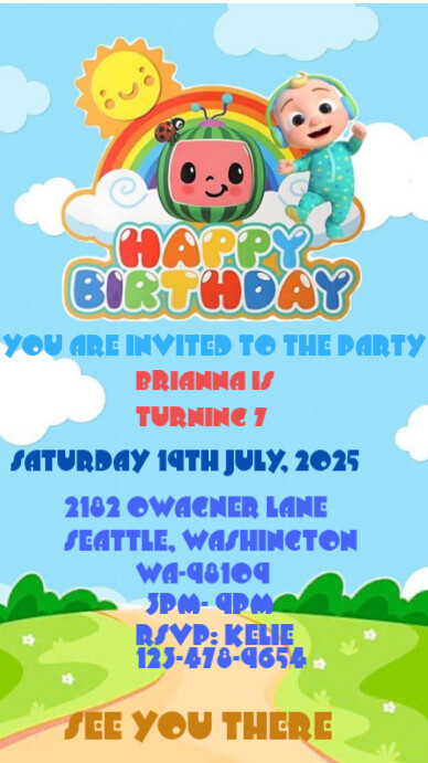 Blue Joyful Cocomelon Birthday Invitation Card  Instagram Story template