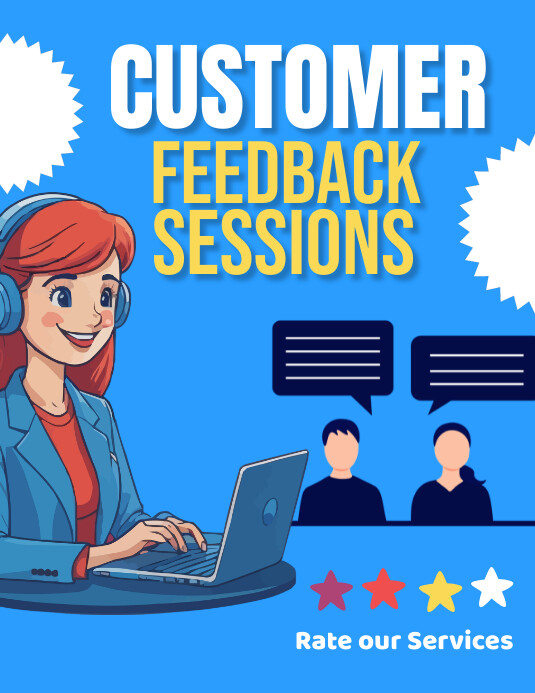 Blue Joyful Customer Feedback Session Flyer ( Pamflet (VSA Brief) template