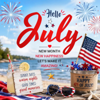 Blue Joyful Hello July Square Template | Summer & Independence Day Greeting Post สี่เหลี่ยมจัตุรัส (1:1)