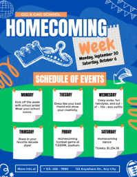 Blue Joyful Illustrated Homecoming Week Poster With Mascots, Banners, And Cheerful Icons Flyer (us L template