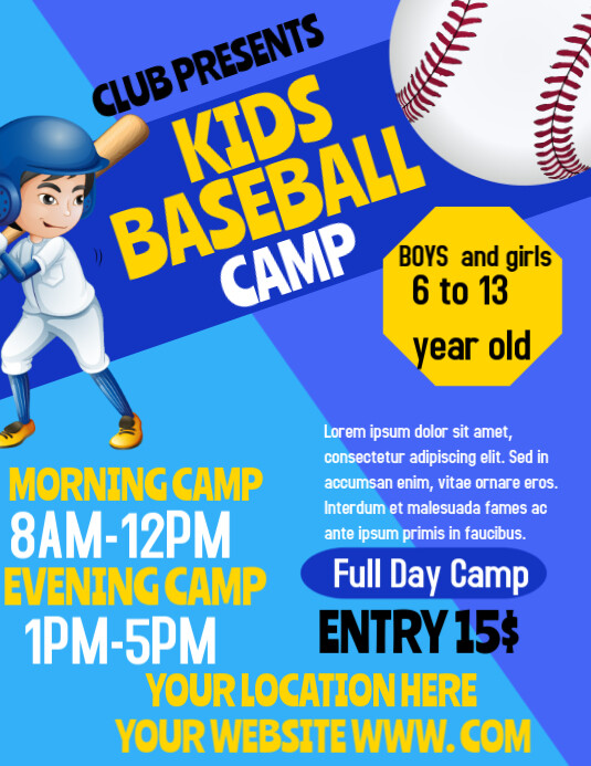 Blue Joyful Kids Baseball Camp Poster Flyer (us Letter) template