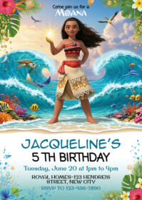 Blue Joyful Moana Birthday Invitation A6 template