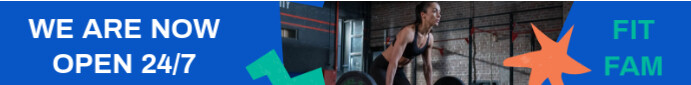 Blue Joyful Now Open 24/7 Fitness Ad Leaderboard Classificação template