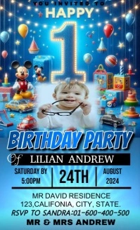 Blue Joyful One Year Old Birthday Party Invit US Legal template