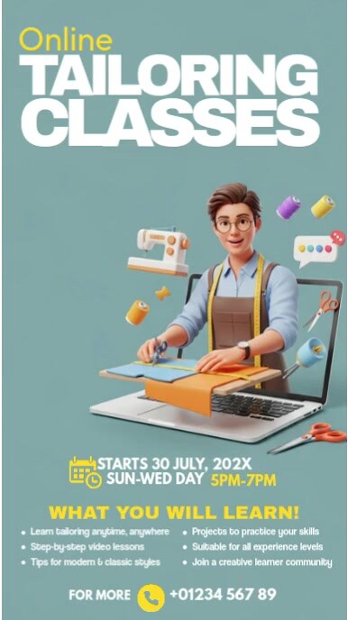 Blue Joyful Online Tailoring Classes, Instagram Story template