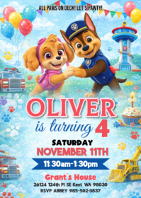 Blue Joyful Paw Patrol Birthday Party A6 template