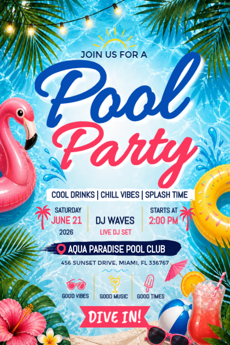 Blue Pool Party Posters Template | PosterMyWall