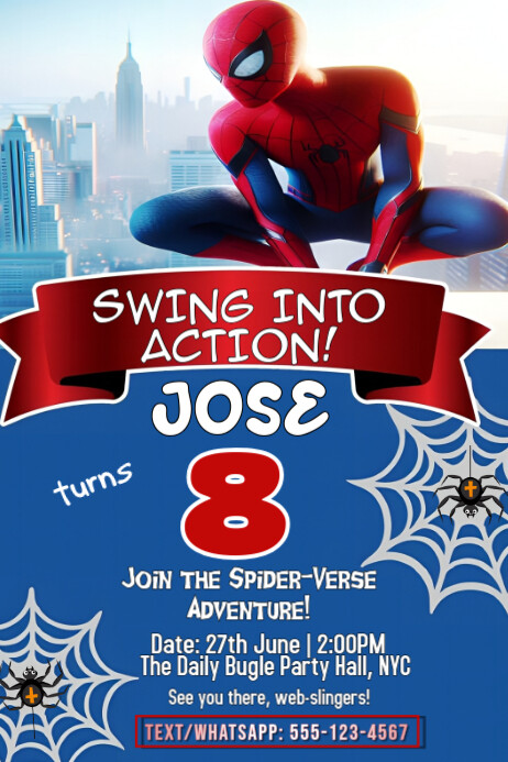 Blue Joyful Spiderman 8th Birthday Party Poster Plakkaat template