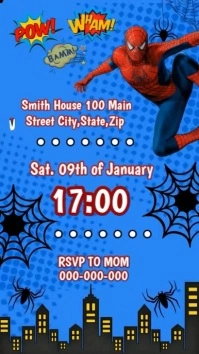 Blue Joyful Spiderman Birthday Invitation Vid Digital Display (9:16) template
