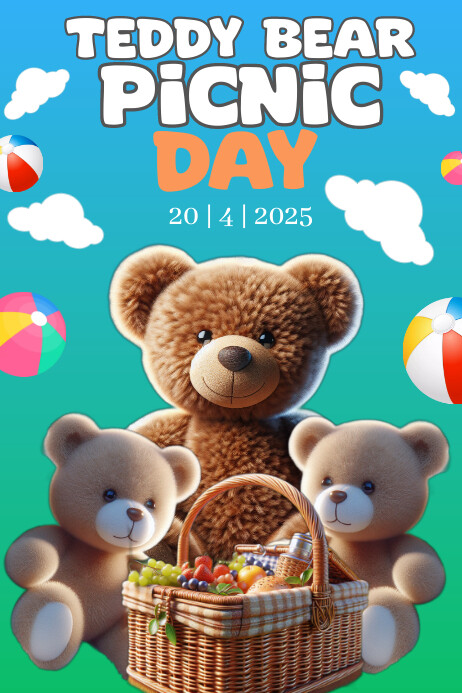 Blue Joyful Teddy Bear Picnic Day Poster 海报 template