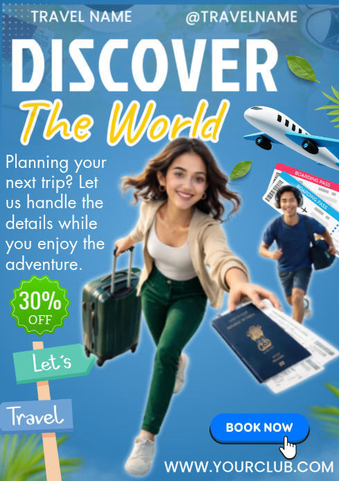 Blue Joyful Tour Travel Agency Promotion 2026 A4 Template | PosterMyWall
