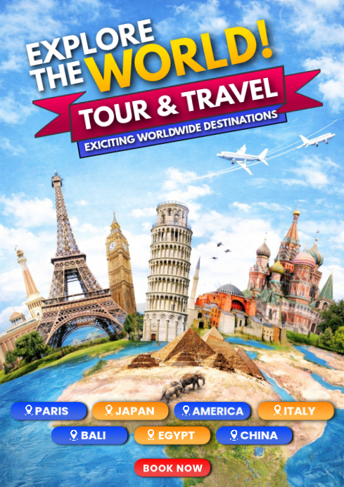 Blue Joyful Travel and Tourism A4 Template | PosterMyWall