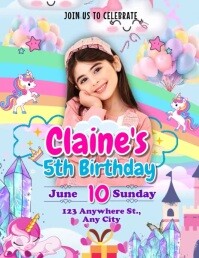 Blue Joyful Unicorn Birthday Invitation Flyer (us Letter) Volante (Carta US) template