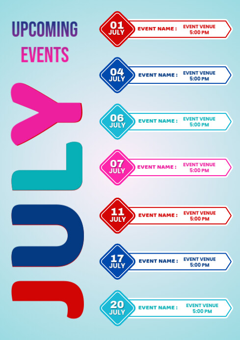 July Events Graphics Blue List-based July Upcoming Events A4 Template | PosterMyWall
