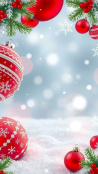 Blue Maximalist “elegant Christmas Snow Background With Red Ornaments” Digital Display (9:16) template