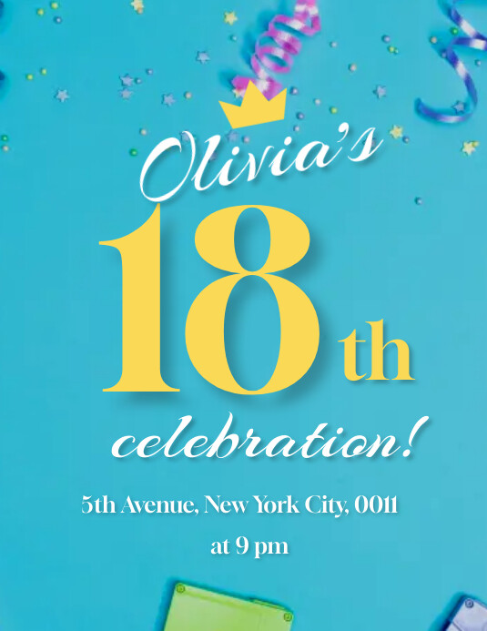 Blue Maximalist 18th Celebration Birthday Fly Flyer (format US Letter) template