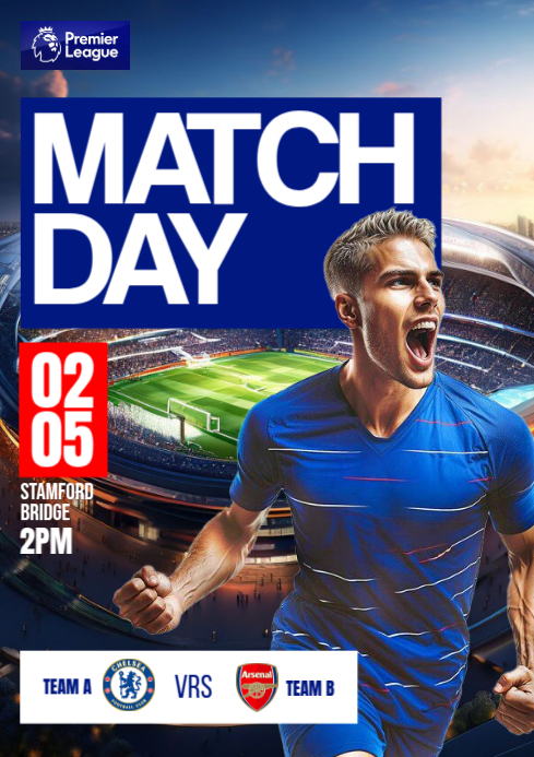 Blue Maximalist 3D Soccer Match Game Day Match Design A4 template