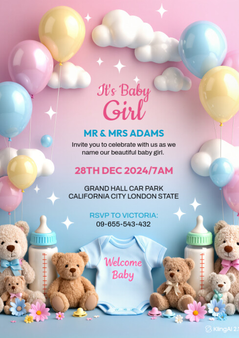 Blue Maximalist Baby Girl Shower A4 template