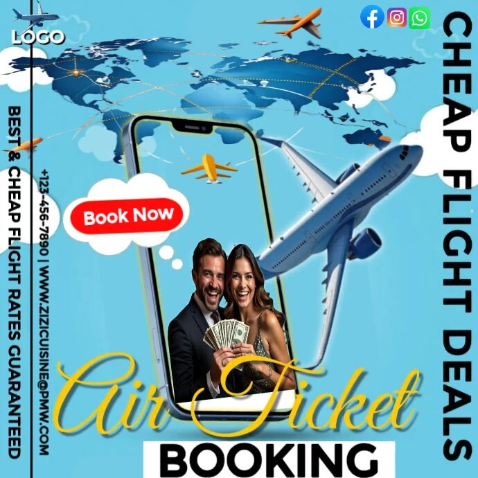 Flight Travel Posts Blue Maximalist Cheap Flight Day Instagram Post Template | PosterMyWall