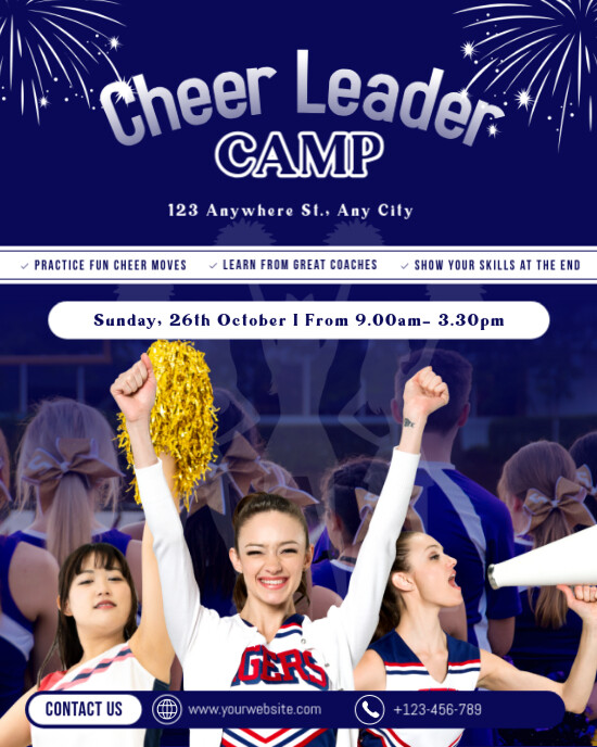 Blue Maximalist Cheer Leader Camp Ad Flyer Design Instagram Portrait template