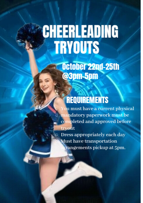 Blue Maximalist Cheerleading Tryout A4 template