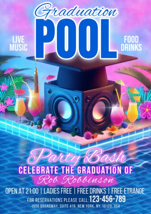 Blue Maximalist Graduation Pool Party Bash A6 template