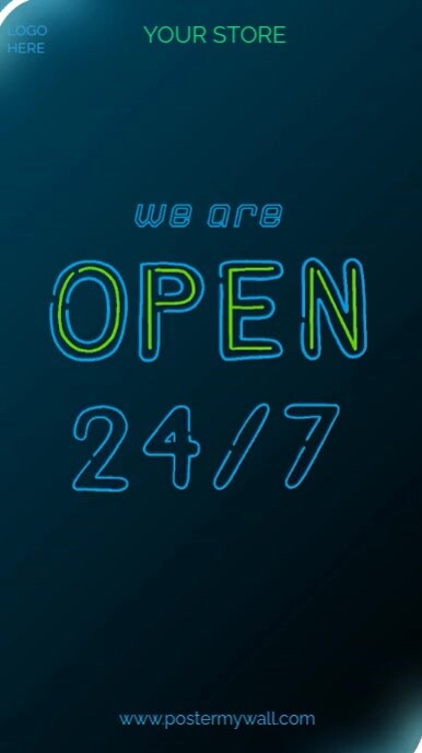 Blue Maximalist Green Yellow Blue Pink We Are Open 24/7 Video Design Template  Digital Display (9:16