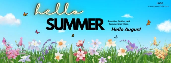 Blue Maximalist Hello Summer hello August Facebook Cover Photo template