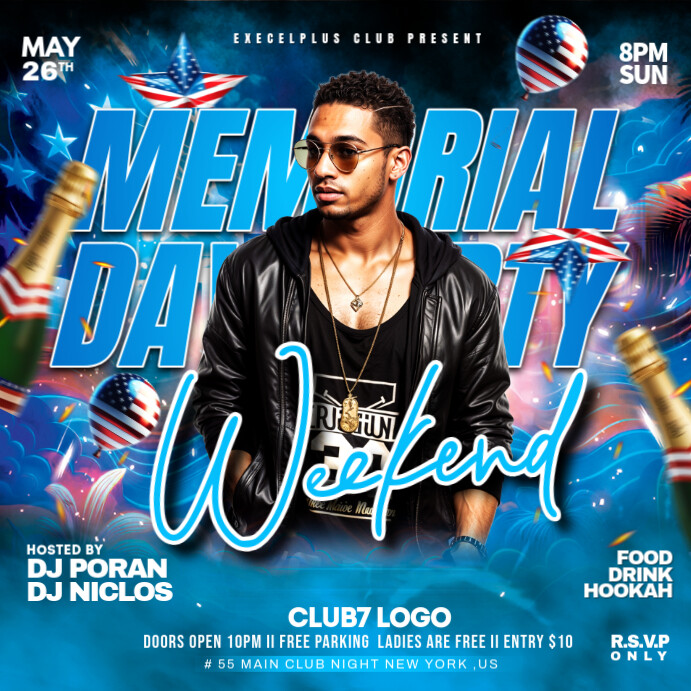 Blue Maximalist Memorial Day Weekend Editable Party Flyer Instagram Post template