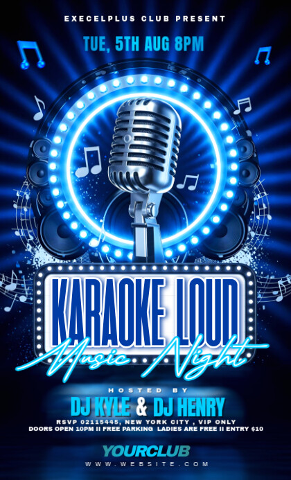 Blue Maximalist Neon Karaoke Night Party Flyer Template For Club Event Us Legal VSA Wetlik