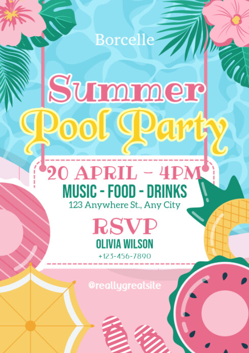 Blue Maximalist Pink Blue Colorful Cute Tropical Illustrative Summer Pool Party Flyer A4 template